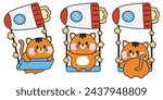 Set of cute cat playing a swing rocket and star design.Galaxy and universe.Pet animal character cartoon design.Kids toy.Fun time.Meow lover.Kawaii.Vector.Illustration.