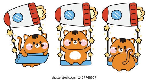 Set of cute cat playing a swing rocket and star design.Galaxy and universe.Pet animal character cartoon design.Kids toy.Fun time.Meow lover.Kawaii.Vector.Illustration.