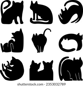 Set of cute cat pose shilouete black vector