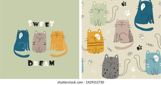 set of cute cat print and seamless pattern with cats. vector illustration