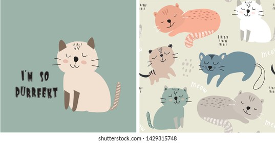 set of cute cat print and seamless pattern with cats. vector illustration