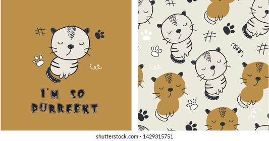 set of cute cat print and seamless pattern with cats. vector