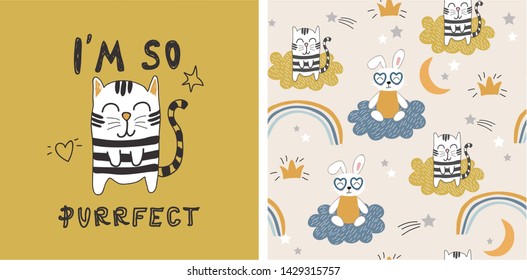 set of cute cat print and seamless pattern with cats. vector illustration