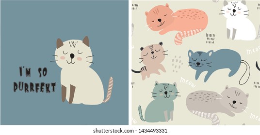 set of cute cat print and seamless pattern with cats. vector illustration