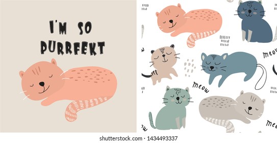 set of cute cat print and seamless pattern with cats. vector illustration