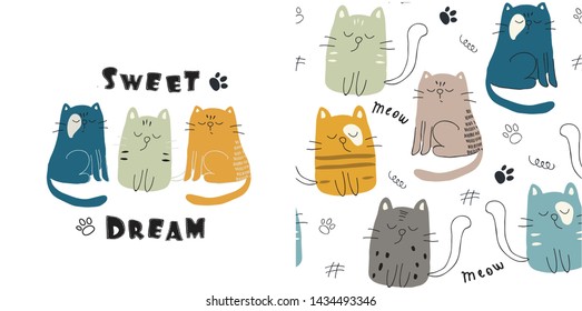 set of cute cat print and seamless pattern with cats. vector illustration