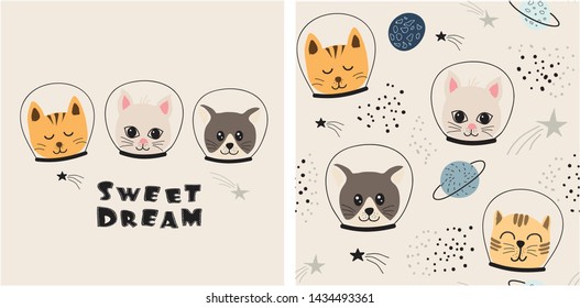 set of cute cat print and seamless pattern with cats. vector illustration