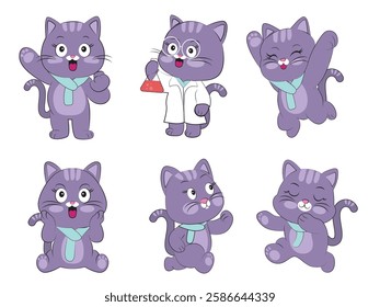 Set of cute cat with purple color wearing scarf, Animal character design.Pet hand drawn.Spring.Kawaii.Isolated.Vector.Illustration