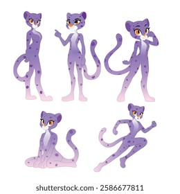 Set of cute cat with purple color wearing scarf, Animal character design.Pet hand drawn.Spring.Kawaii.Isolated.Vector.Illustration