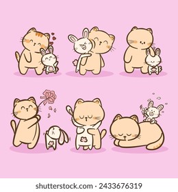 Set of cute Cat and Rabbit cartoon character vector on color background. Cartoon character design. Cute Animals character for kids. Vector illustration.