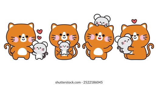 Set of cute cat with rat in various poses.Friendship.Love.Pet and rodent animal.Meow.Mouse.Character cartoon design.Kawaii.Vector.Illustration.