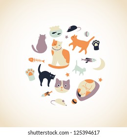 Set of cute cat related icons arranged in a circle.