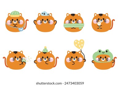 Set of cute cat round shape pastel in various poses and feeling on white background.Meow lover.Pet animal character cartoon design collection.Kawaii.Vector.illustration.