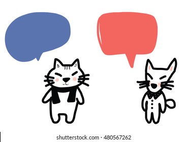 set of cute cat with scarf and fox with polka dot collar.  Word bubbles included. vector illustration.