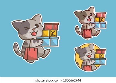 set of cute cat shop mascot logo with optional apprearance. premium kawaii vector