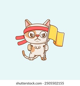 set Cute cat shouting with the flag and headband kawaii chibi character mascot illustration outline style design