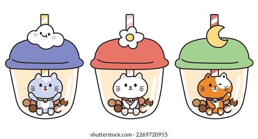 Set of cute cat sit in bubble milk tea cup.Pet animal cartoon character design.Meow lover.Cloud,flower,moon hand drawn.Sweet drinking.Kawaii.Vector.Illustration.