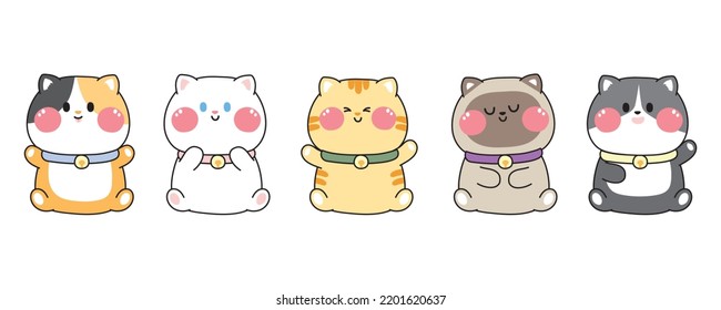 Set of cute cat sit on white background.Pet character cartoon design.Animal hand drawn collection.Happy meow.Kawaii.Vector.Illustration.