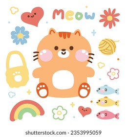 Set süße Katze sitzt mit winzigen Symbol cartoon.Pet Tiercharakter Design handgezeichnet Kollektion.Blume, Herz, Regenbogen, Fisch.Meow lover.Kawaii.Vector.Illustration.