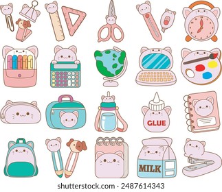 Set of cute cat stationary for back to school.
Aesthetic stickers of lovey baby cat stationary for study.