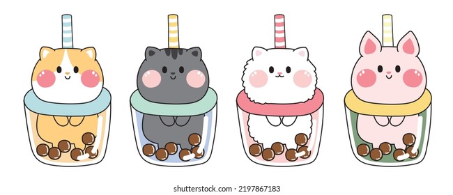 Set of cute cat stay in bubble milk tea.Meow collection.Kawaii animal character hand drawn.Kid graphic design.Pet.Isolated.Vector.Illustration.