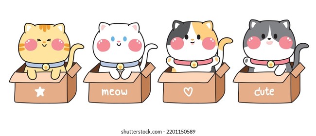 Set of cute cat stay in paper box.Pet character design collection.Animal hand drawn.Greeting.Meow.Isolated.Vector.Illustration.