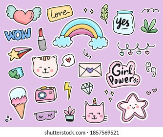 Set of cute cat sticker cartoon doodle drawing set collection vector illustration