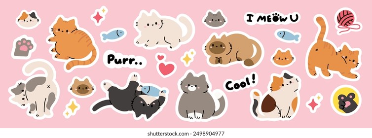 Set of cute cat sticker vector. Lovely cat and friendly doodle pattern in different poses and breeds. Adorable funny pet and many characters hand drawn collection for T-shirt,sticker, print, pet shop.