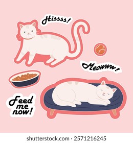 Set of cute cat sticker vector. Lovely cat and friendly doodle pattern in different poses and breeds. Adorable funny pet and many characters hand drawn collection for T-shirt,sticker, print, pet shop.