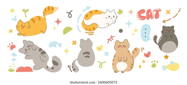 Set of cute cat sticker vector. Lovely cat and friendly doodle pattern in different poses and breeds. Adorable funny pet and many characters hand drawn collection for T-shirt, sticker, pet shop.