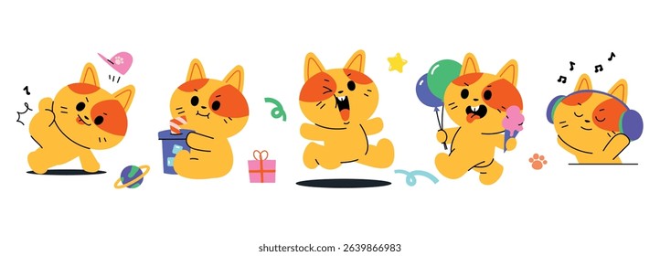 Set of cute cat sticker vector. Lovely cat doodle pattern in different poses and breeds. Adorable funny pet and many characters hand drawn collection for T-shirt, sticker, print, pet shop.