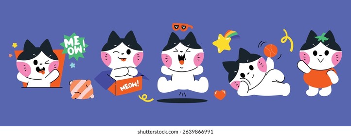 Set of cute cat sticker vector. Lovely cat doodle pattern in different poses and breeds. Adorable funny pet and many characters hand drawn collection for T-shirt, sticker, print, pet shop.