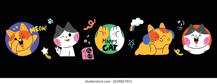 Set of cute cat sticker vector. Lovely cat doodle pattern in different poses and breeds. Adorable funny pet and many characters hand drawn collection for T-shirt, sticker, print, pet shop.