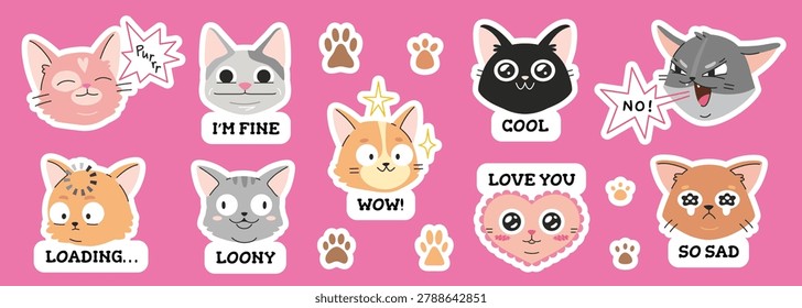 Set of cute cat stickers with funny emotions, reactions and text messages. Adorable kitten collection perfect for planners, messengers, social media and kids design. Modern vector illustration