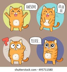 Set Of Cute Cat Stickers In Various Poses. Cartoon Cat Character. Vector Illustration