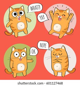 Set of cute cat stickers in various poses. Cartoon cat character. Vector illustration