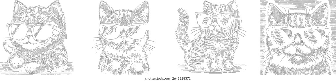 Set of cute cat with sunglasses outline drawing in black, minimalist cartoon vector design, hand-drawn feline illustration