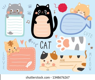 set cute cat. Template for diary, memo, planner, to do listbook, stationary, note, scrapbooking, notebook, paper cards, notes, stickers, labels. 