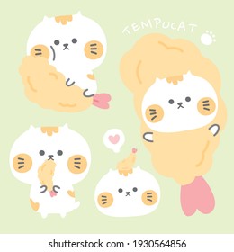 Set of cute cat with tempura on green background.Animal character design.Japanese food.Kid graphic design.Sticker.Kawaii.Vector.Illustration. 