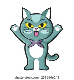 Set of cute cat with tosca color wearing scarf, Animal character design.Pet hand drawn.Spring.Kawaii.Isolated.Vector.Illustration