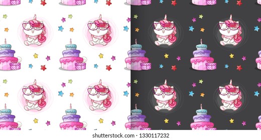 Set. Cute Cat unicorn pattern set. Little cat unicorn pattern. Seamless Pattern animal cartoon-vector