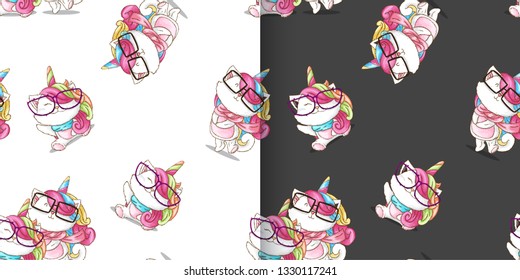 Set. Cute Cat unicorn pattern set. Little cat unicorn pattern. Seamless Pattern animal cartoon-vector