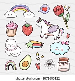 Set of cute cat and unicorn sticker set collection. Rainbow girl vector fashion illustration.