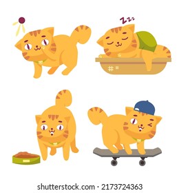 Conjunto de gatos lindos con diversas actividades, dormir, comer, jugar en skateboard en caricatura sobre fondo blanco, ilustración vectorial