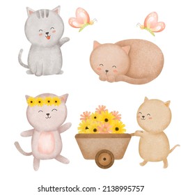 Set of cute cat in various activity, sleep, enjoy dance, push a cart with flowers and playing with butterfly, cartoon animal drawing watercolor for graphic designer, vector illustration