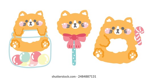 Set of cute cat with various candy.Meow lover.Sweet.Pastel.Pet animal cartoon character.Image for card,decoration,sticker.Kawaii.Vector.Illustration.