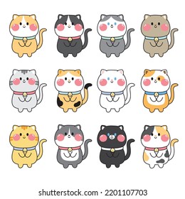 Set of cute cat in various color.Kawaii pet collection.Animal cartoon character hand drawn.Meow.Isolated.Vector.Illustration.