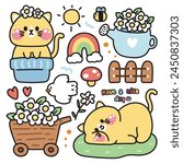 Set of cute cat various poses in flower blooming concept.Pet animal character cartoon design.Plants,rainbow,mushroom,bird,sun,bee drawn collection.Nature.Spring.Kawaii.Vector.Illustration
