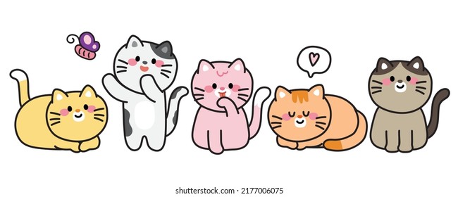 Set of cute cat in various poses cartoon hand drawn.Animal character design collection.Isolated.Pet.Kawaii.Vector.Illustration.