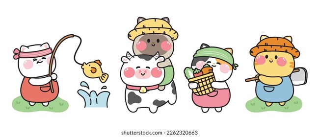 Set of cute cat in various poses farm concept.Pet animal character cartoon design.Meow farmer.Fishing.Ride cow.Kawaii.Vector.Illustration.